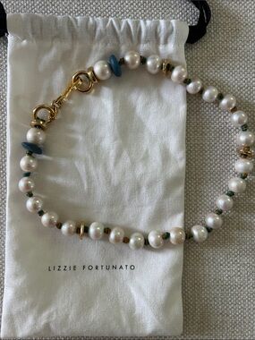 Lizzie Fortunato Pearl Necklace with Gold Accents and Teal Bead Details